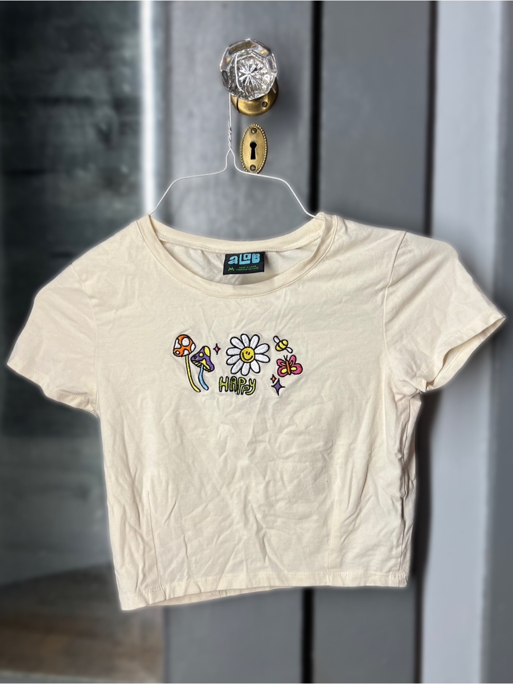 aLab Cream 'Happy' Embroidered Crop Tee